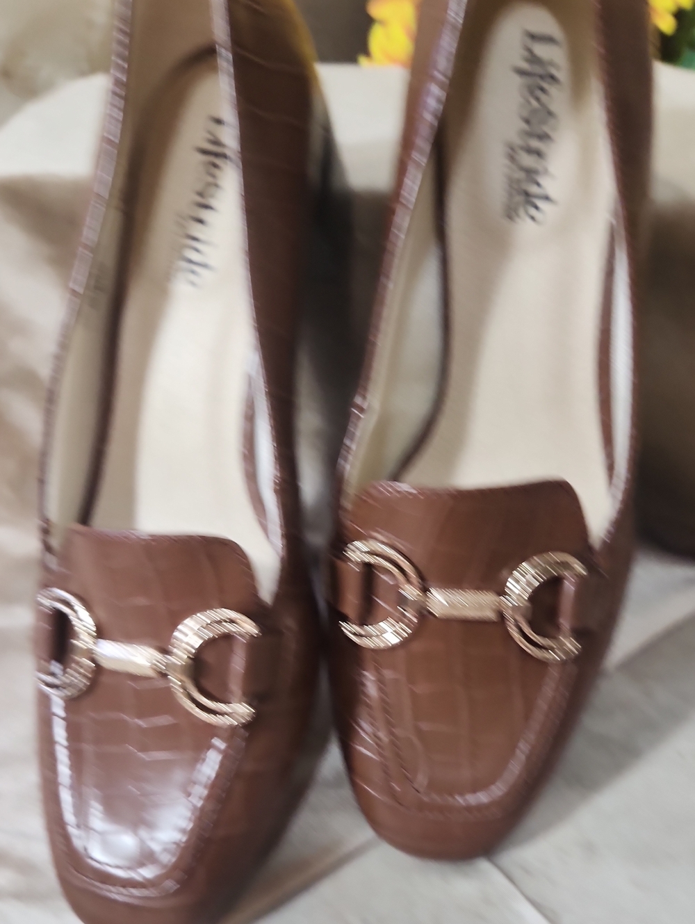Life Stride Brown Croc-Embossed Loafers with Gold Hardware